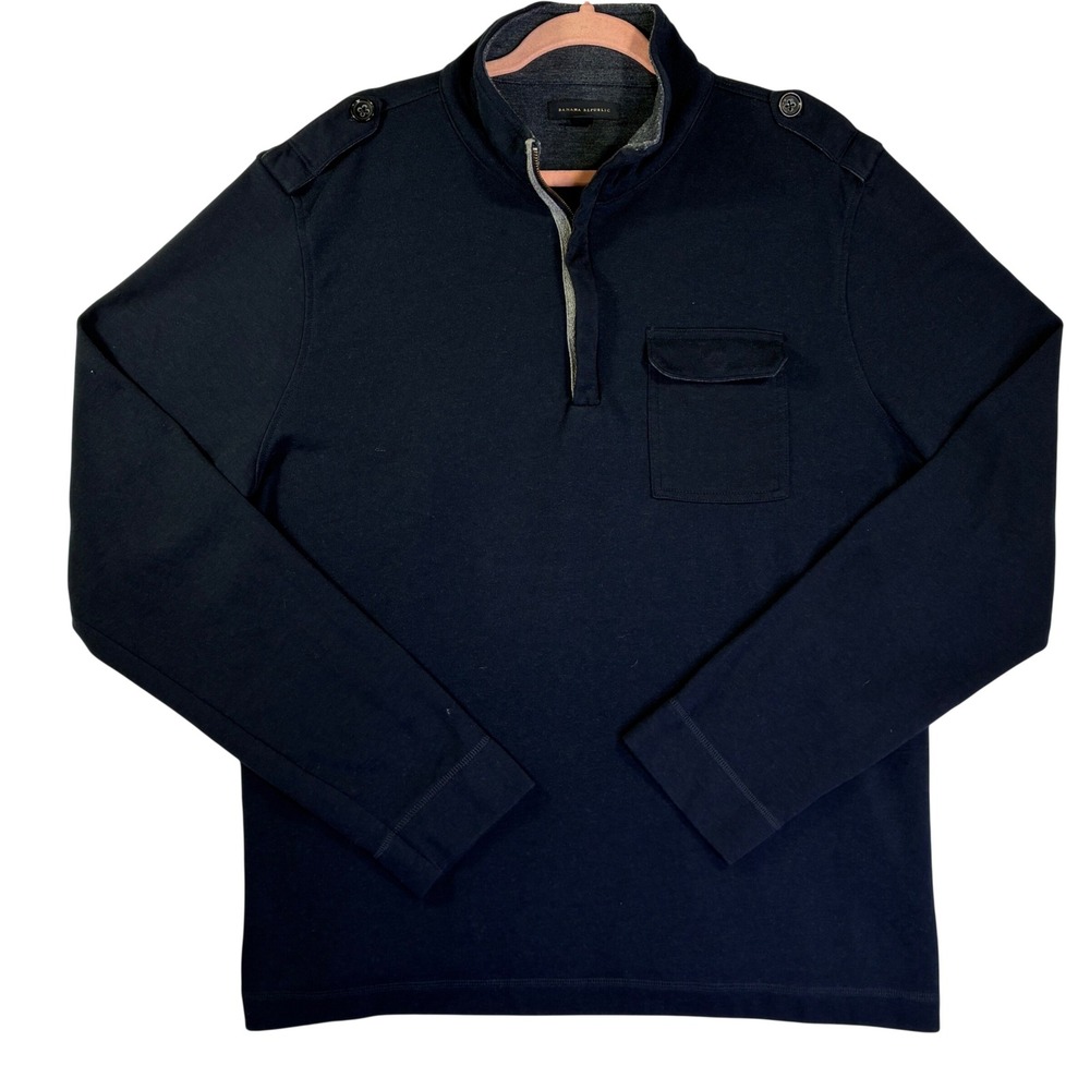 Banana Republic Mens XL Navy Blue Quarter Zip Military Pullover Epaulets Pocket